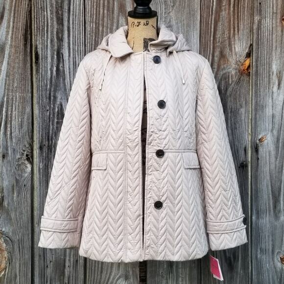 NWT Quilted Moto Jacket Kate Spade Size XL Tan Hooded Coat Water Resistant - Picture 1 of 12